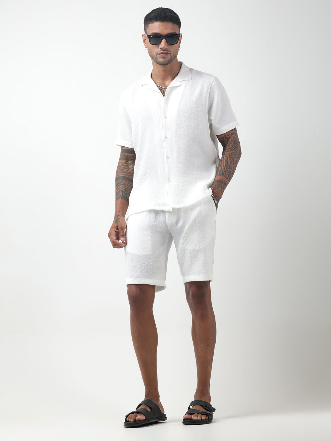 Men's White Cuban Collar Shirt & Shorts Co-ord Set