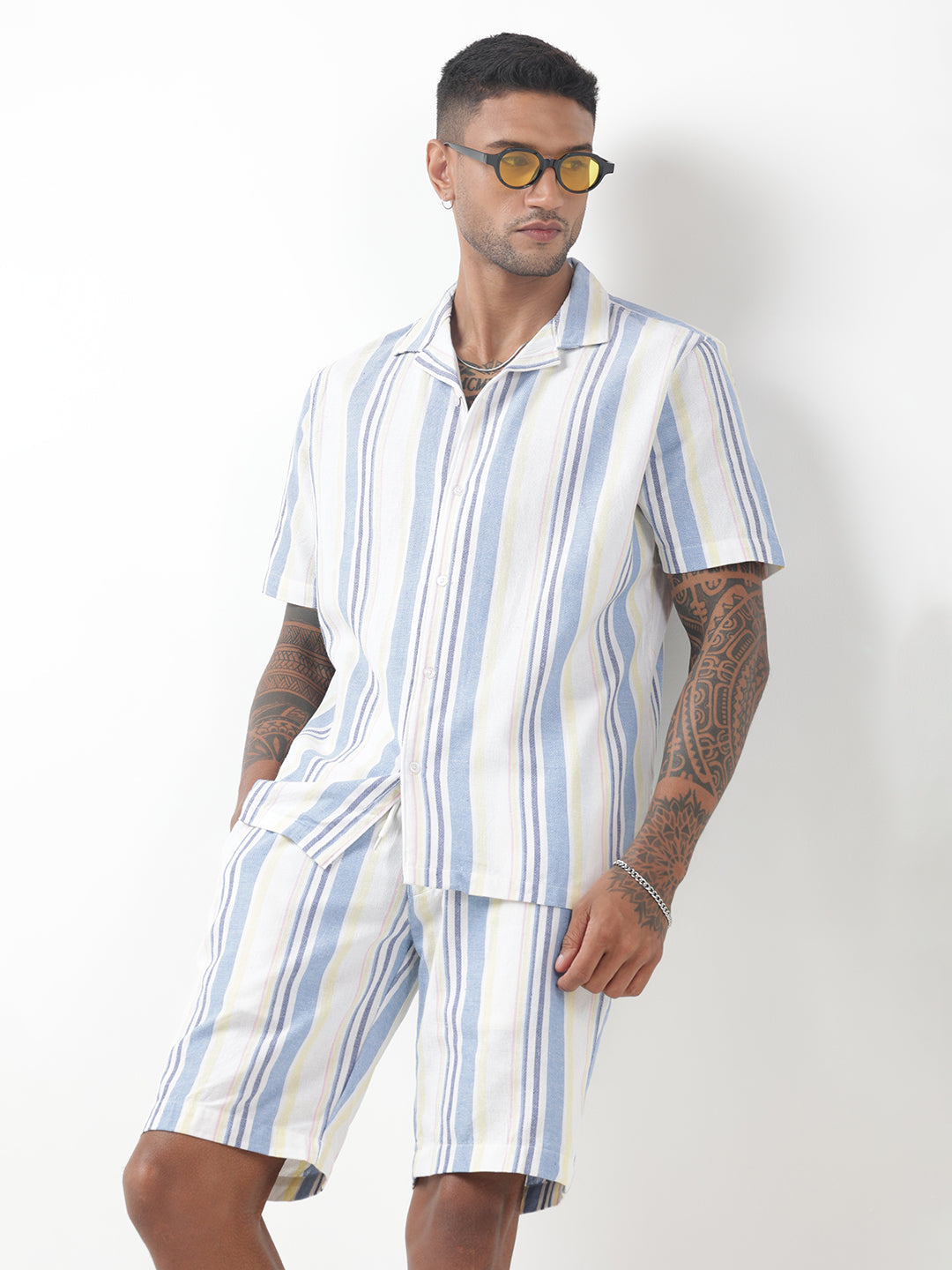 Men's Striped White Cuban Collar Shirt & Shorts Co-ord Set