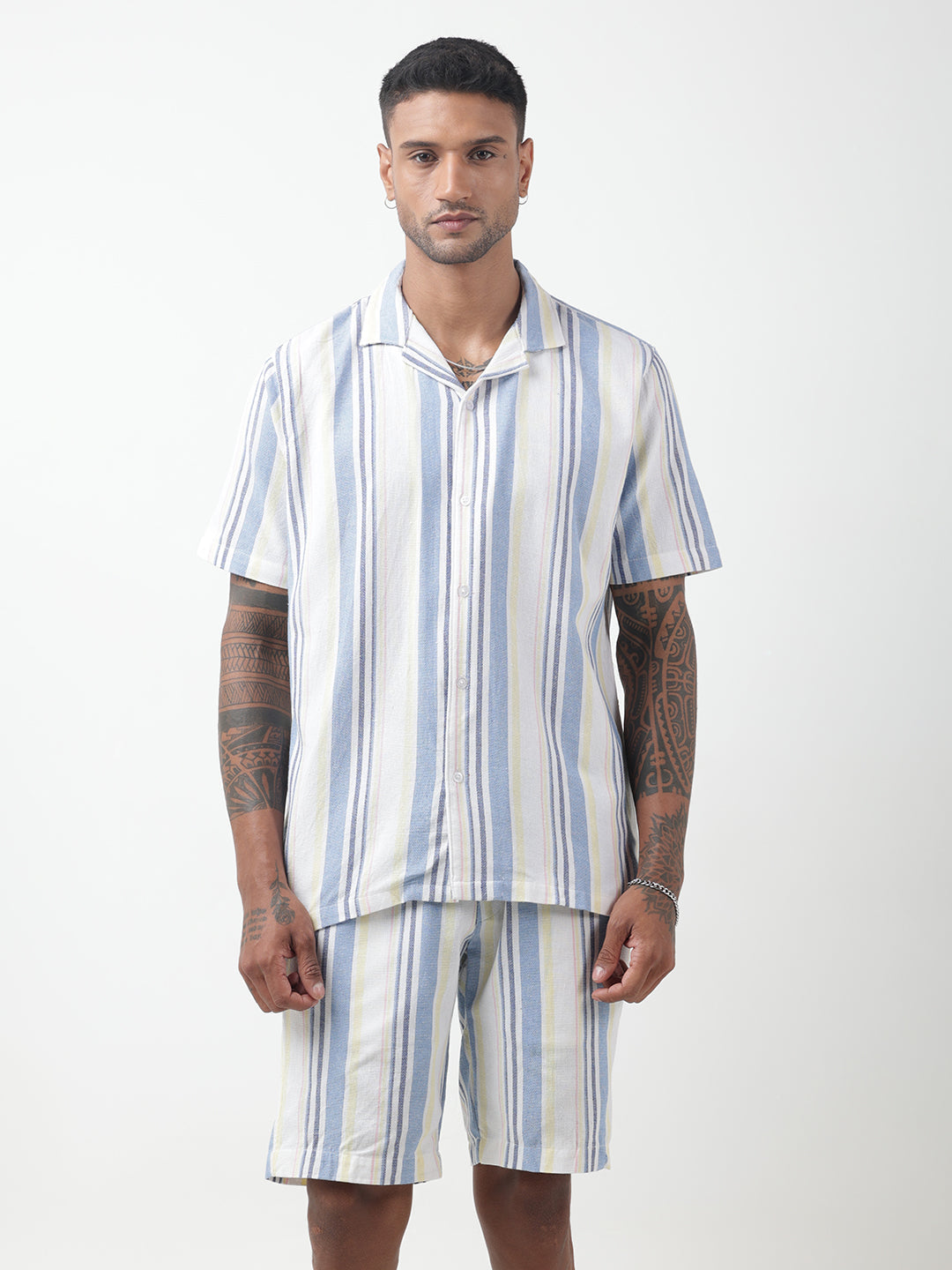 Men's Striped White Cuban Collar Shirt & Shorts Co-ord Set