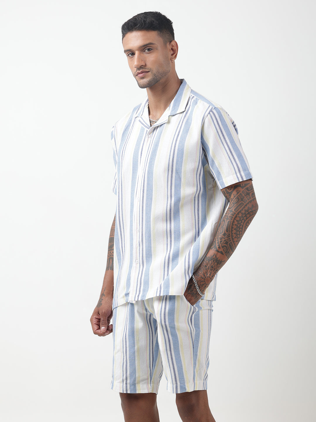 Men's Striped White Cuban Collar Shirt & Shorts Co-ord Set