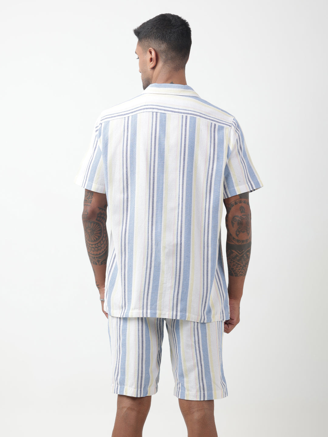 Men's Striped White Cuban Collar Shirt & Shorts Co-ord Set