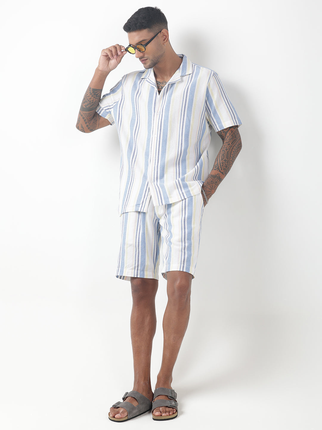 Men's Striped White Cuban Collar Shirt & Shorts Co-ord Set