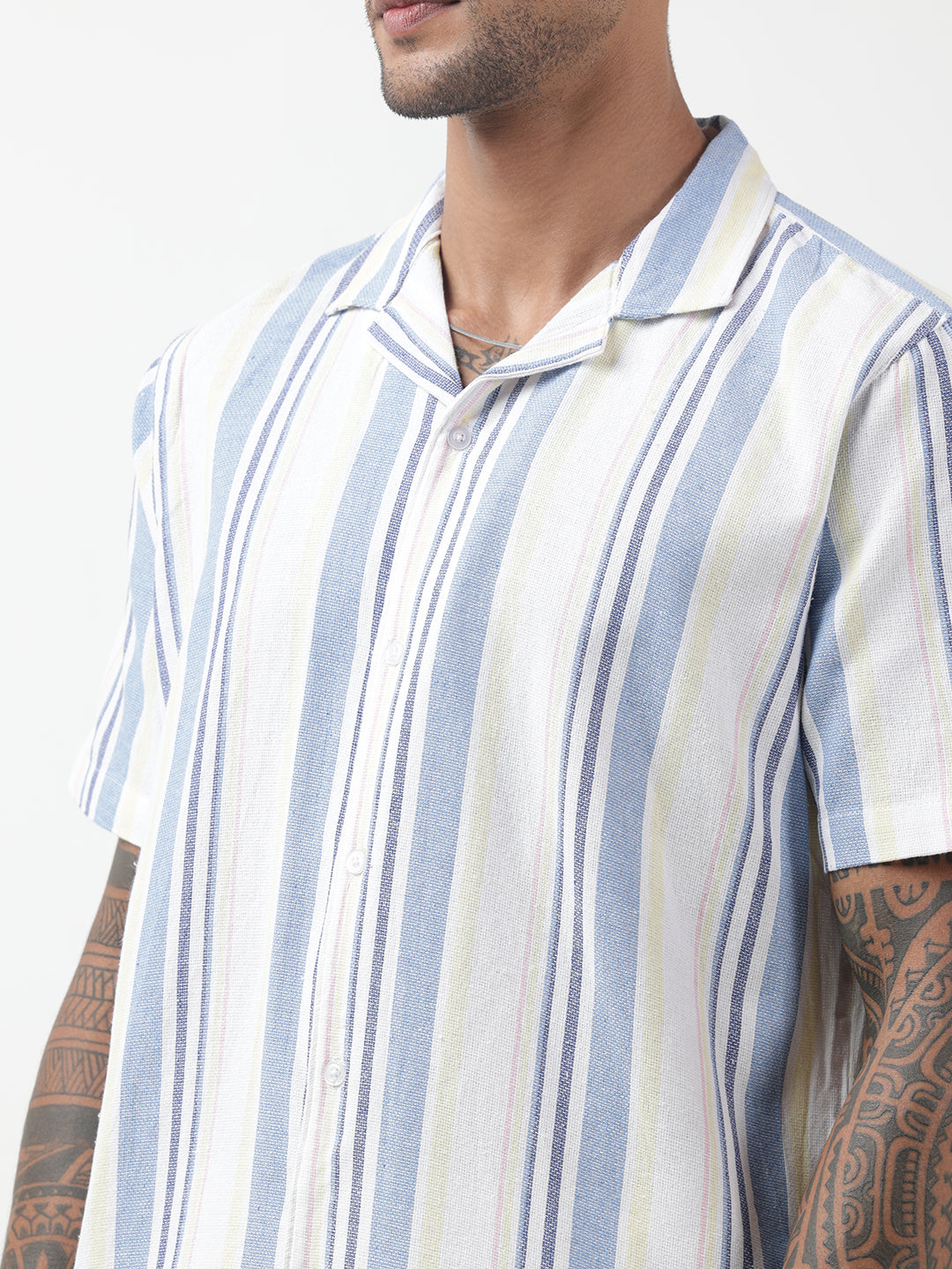 Men's Striped White Cuban Collar Shirt & Shorts Co-ord Set