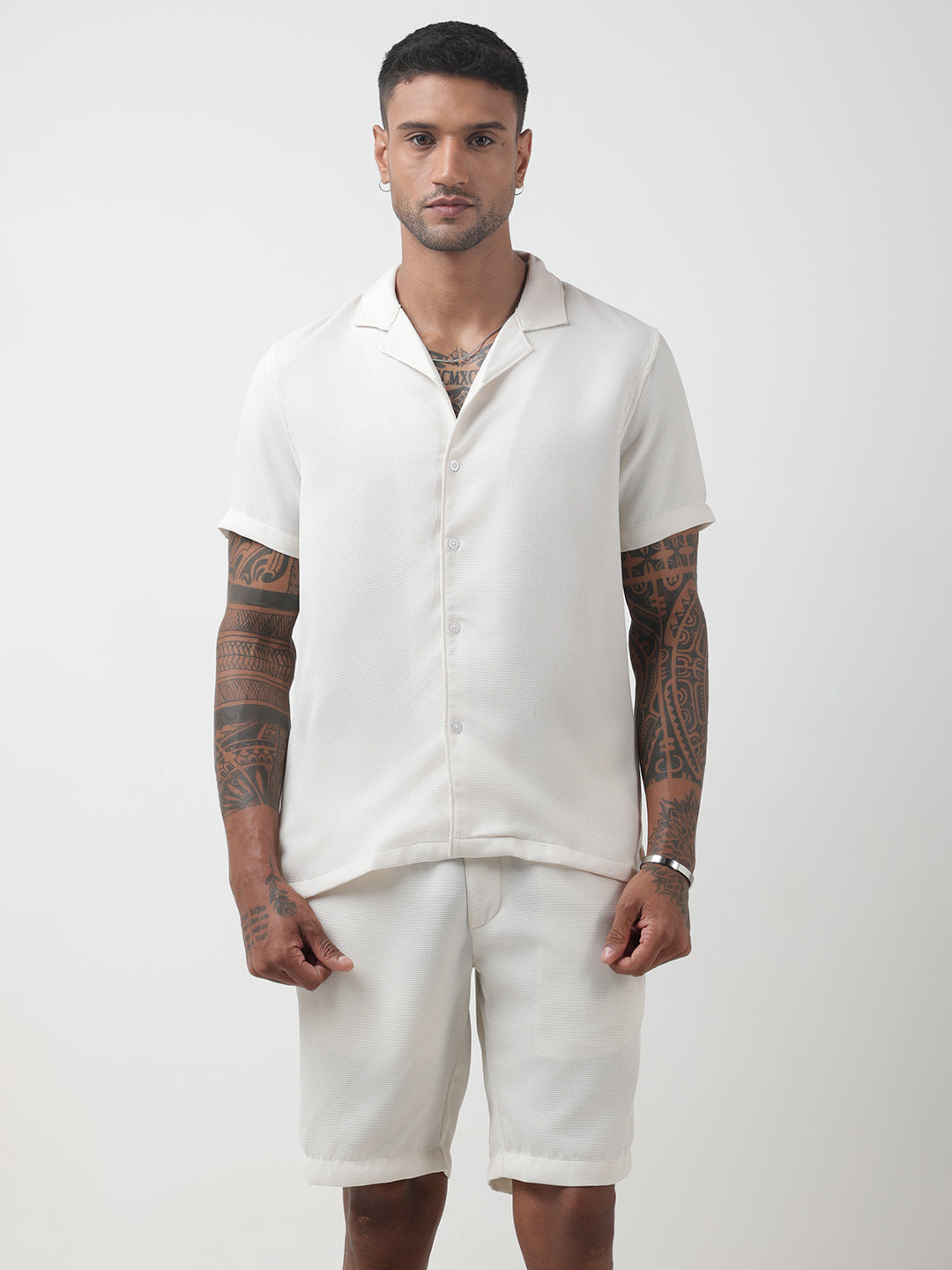 Men's Textured Off-White Cuban Collar Shirt & Shorts Co-ord Set