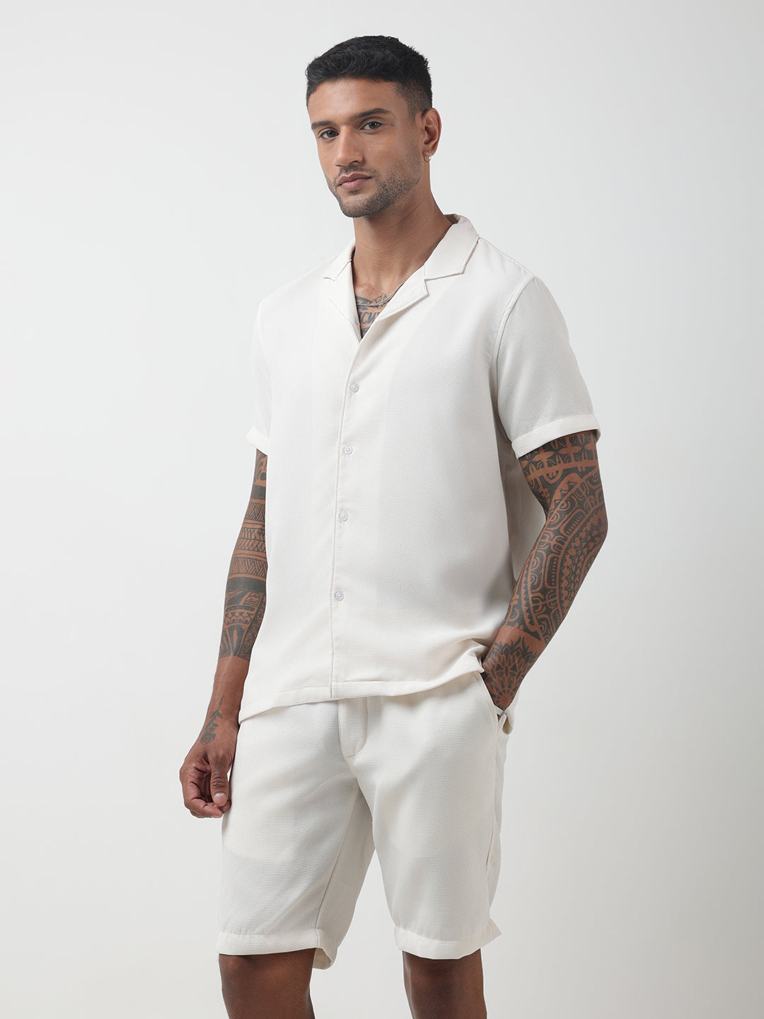 Men's Textured Off-White Cuban Collar Shirt & Shorts Co-ord Set
