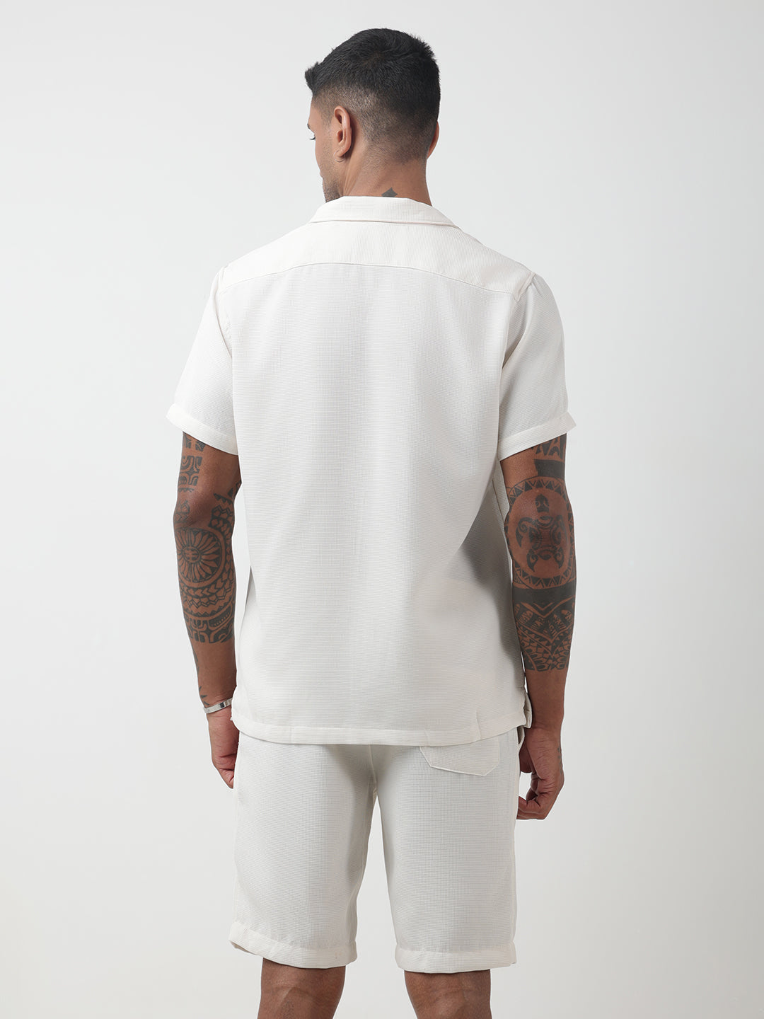 Men's Textured Off-White Cuban Collar Shirt & Shorts Co-ord Set