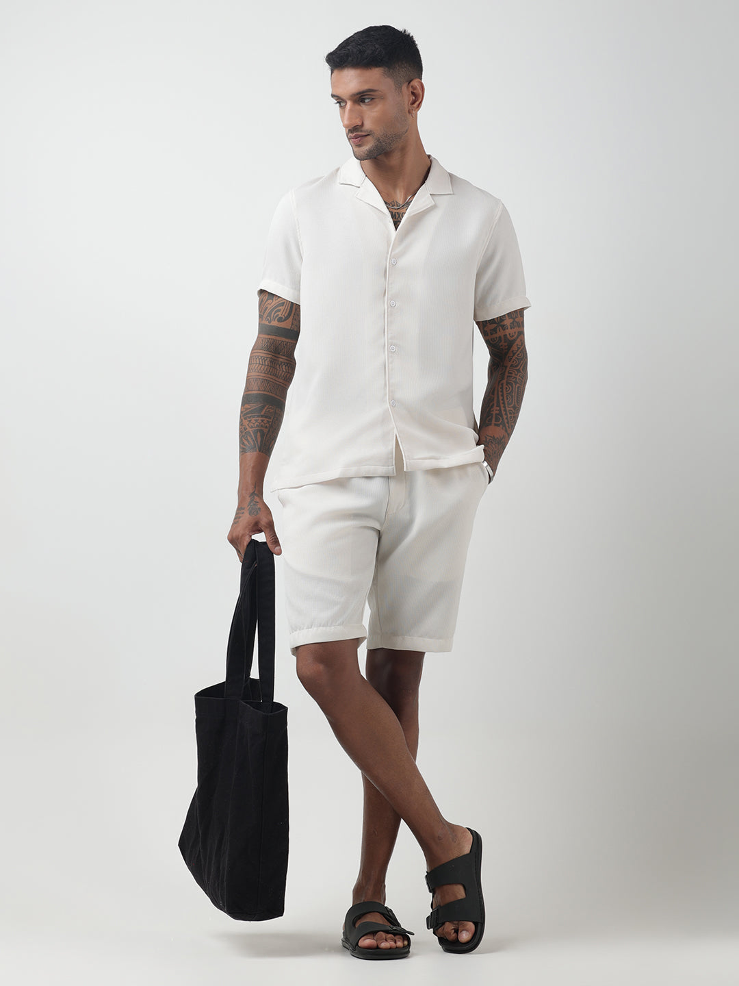Men's Textured Off-White Cuban Collar Shirt & Shorts Co-ord Set