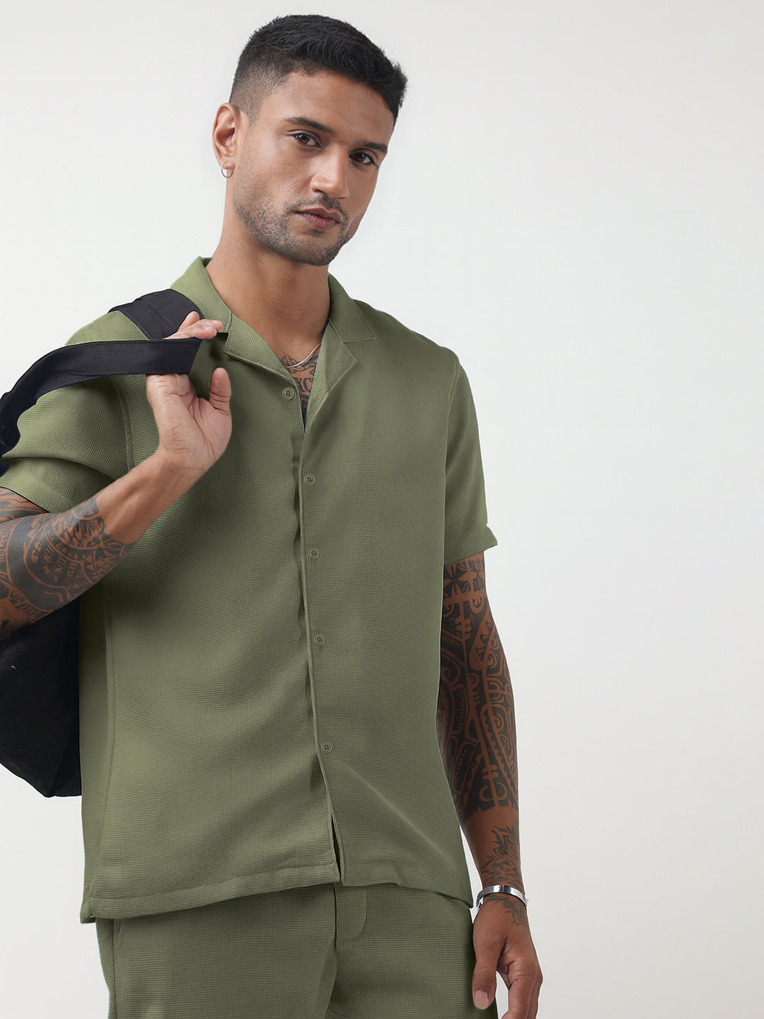 Men's Textured Green Cuban Collar Shirt & Shorts Co-ord Set