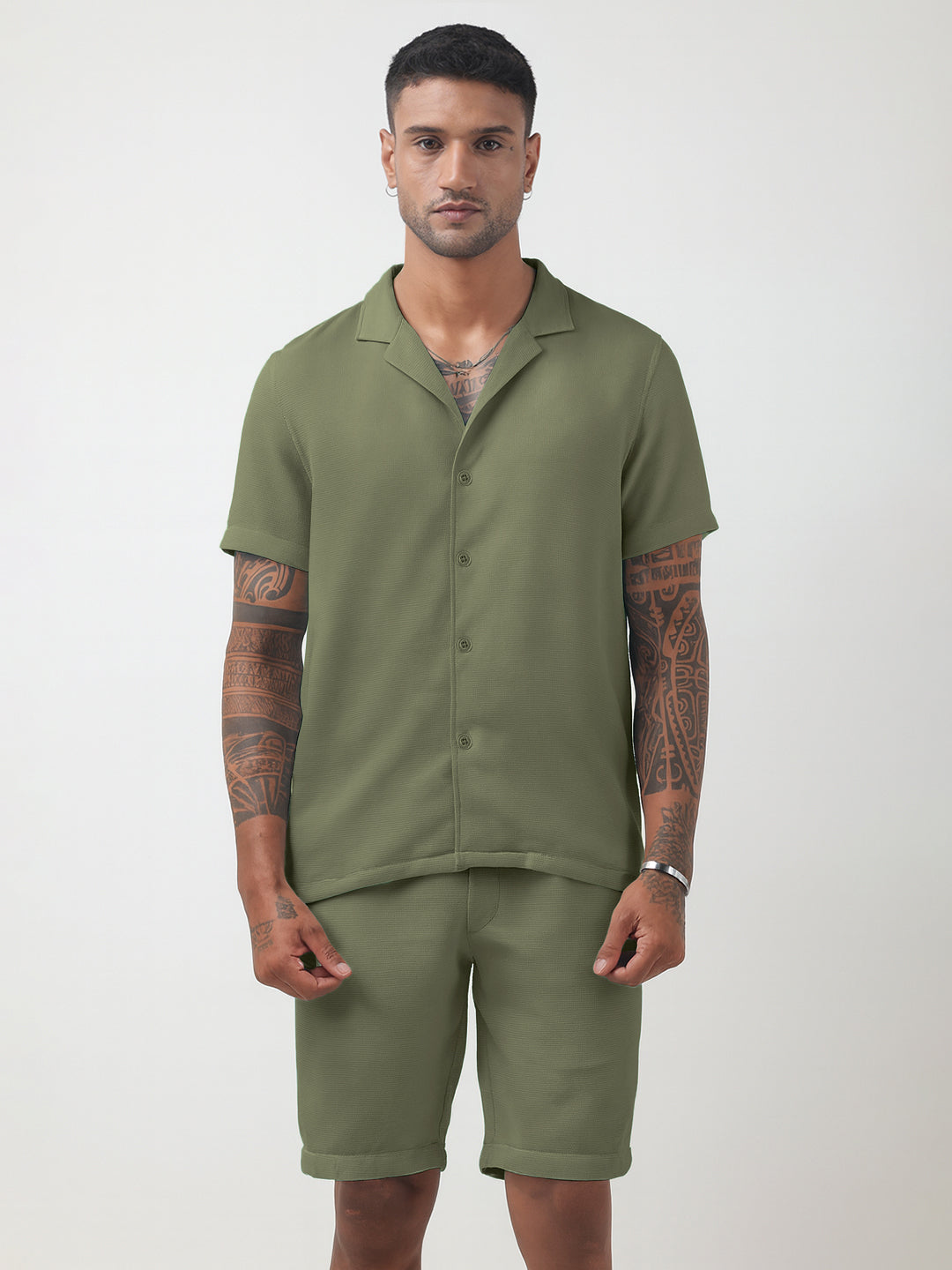 Men's Textured Green Cuban Collar Shirt & Shorts Co-ord Set
