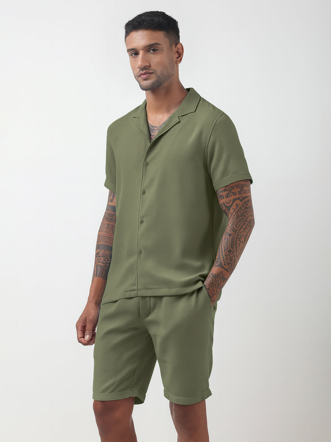 Men's Textured Green Cuban Collar Shirt & Shorts Co-ord Set
