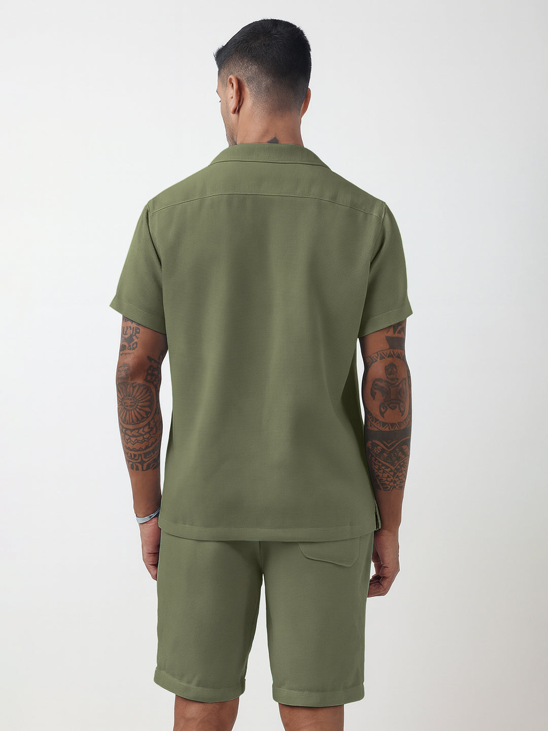 Men's Textured Green Cuban Collar Shirt & Shorts Co-ord Set