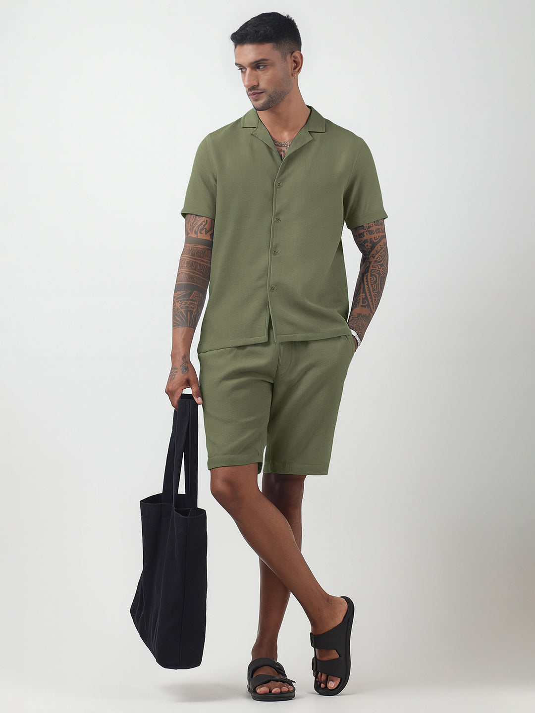 Men's Textured Green Cuban Collar Shirt & Shorts Co-ord Set