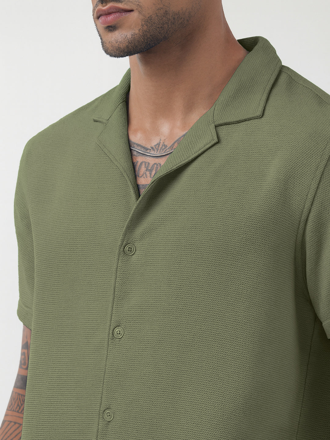 Men's Textured Green Cuban Collar Shirt & Shorts Co-ord Set
