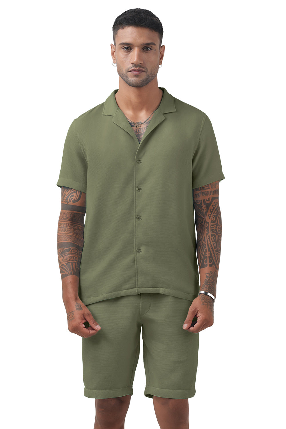 Men's Textured Green Cuban Collar Shirt & Shorts Co-ord Set