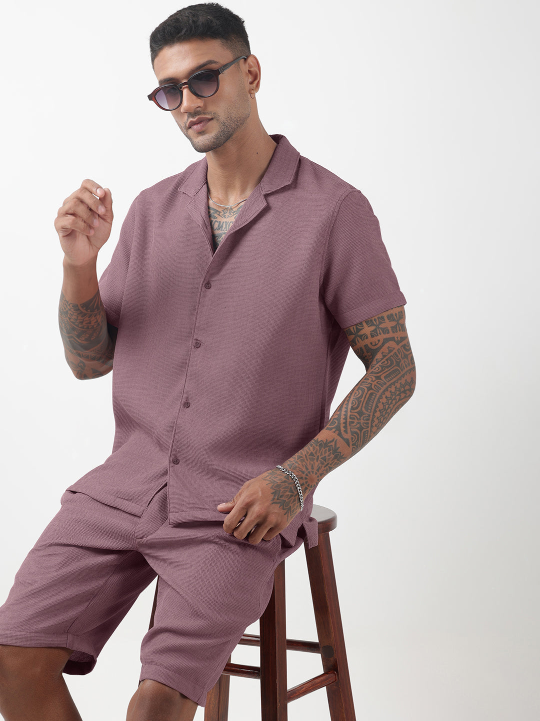 Men's Textured Purple Cuban Collar Shirt & Shorts Co-ord Set