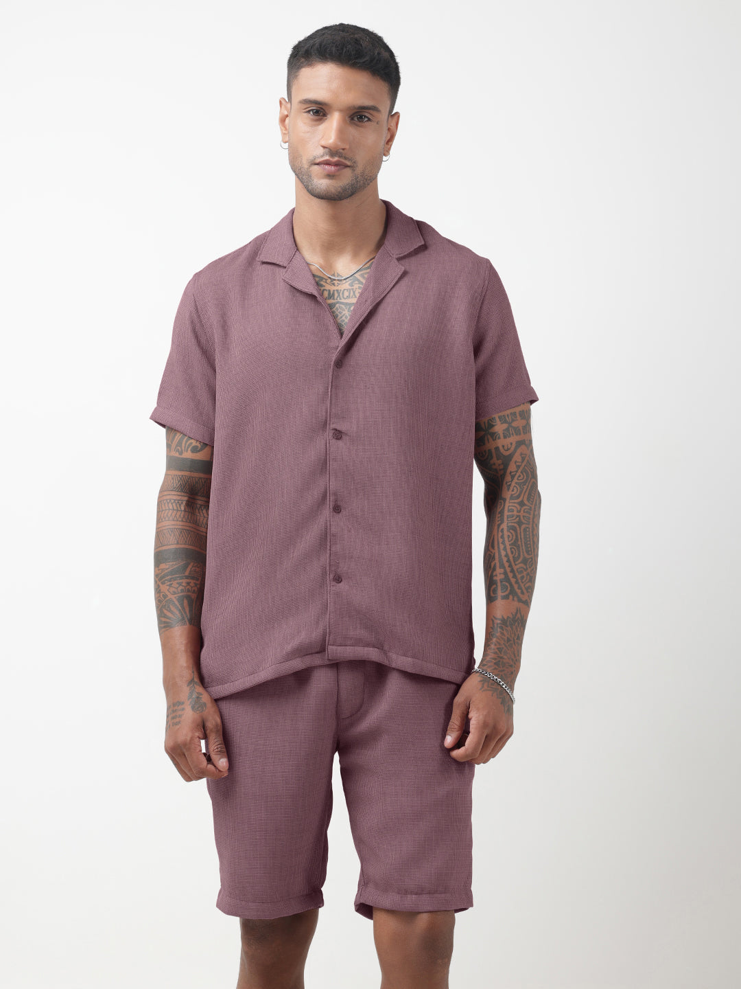 Men's Textured Purple Cuban Collar Shirt & Shorts Co-ord Set