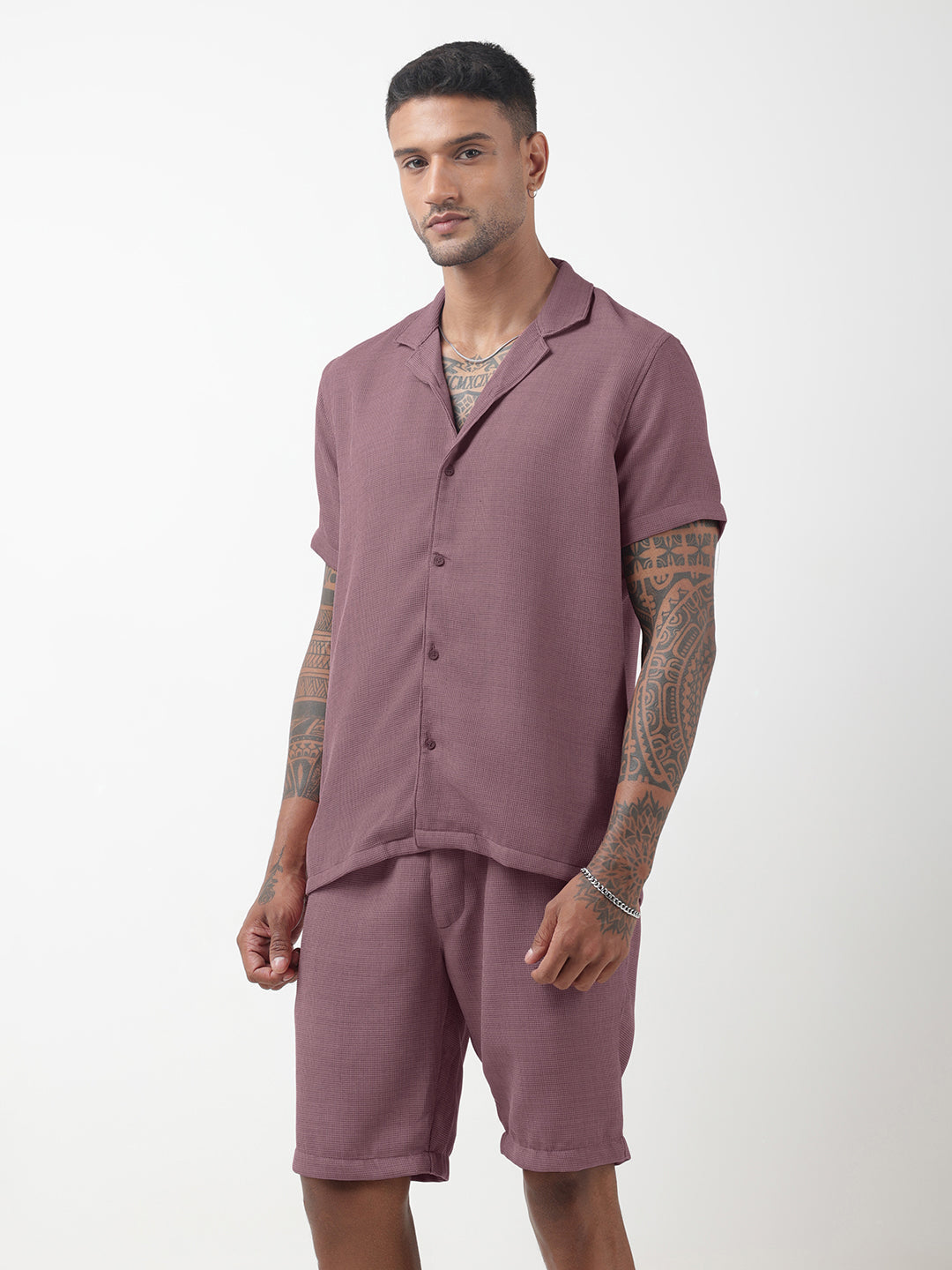 Men's Textured Purple Cuban Collar Shirt & Shorts Co-ord Set