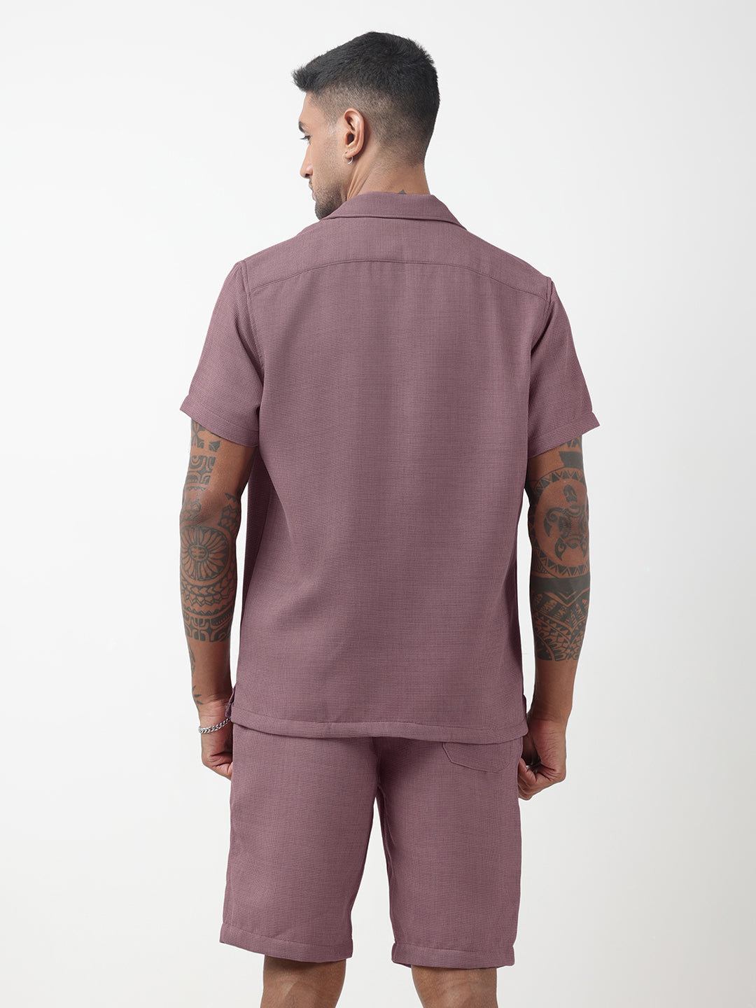 Men's Textured Purple Cuban Collar Shirt & Shorts Co-ord Set