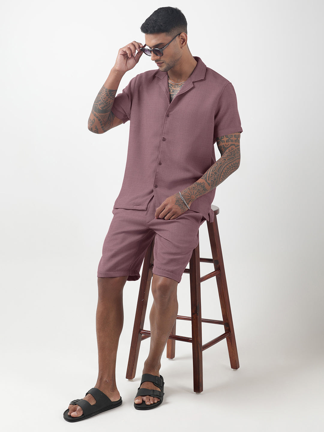 Men's Textured Purple Cuban Collar Shirt & Shorts Co-ord Set