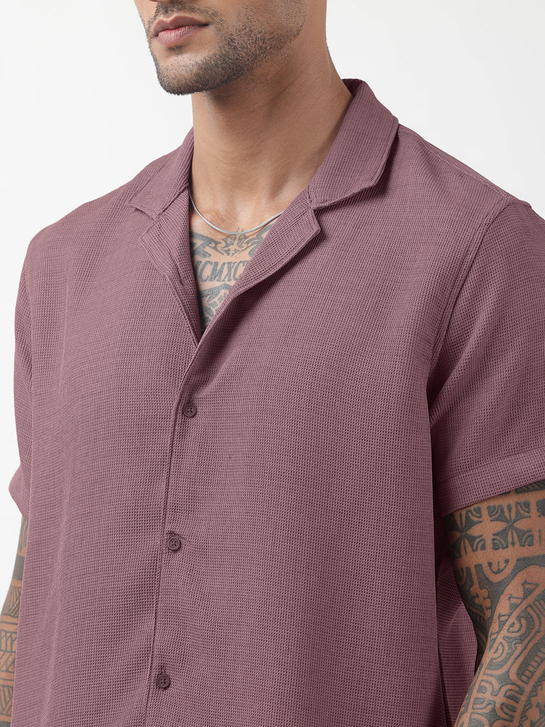 Men's Textured Purple Cuban Collar Shirt & Shorts Co-ord Set