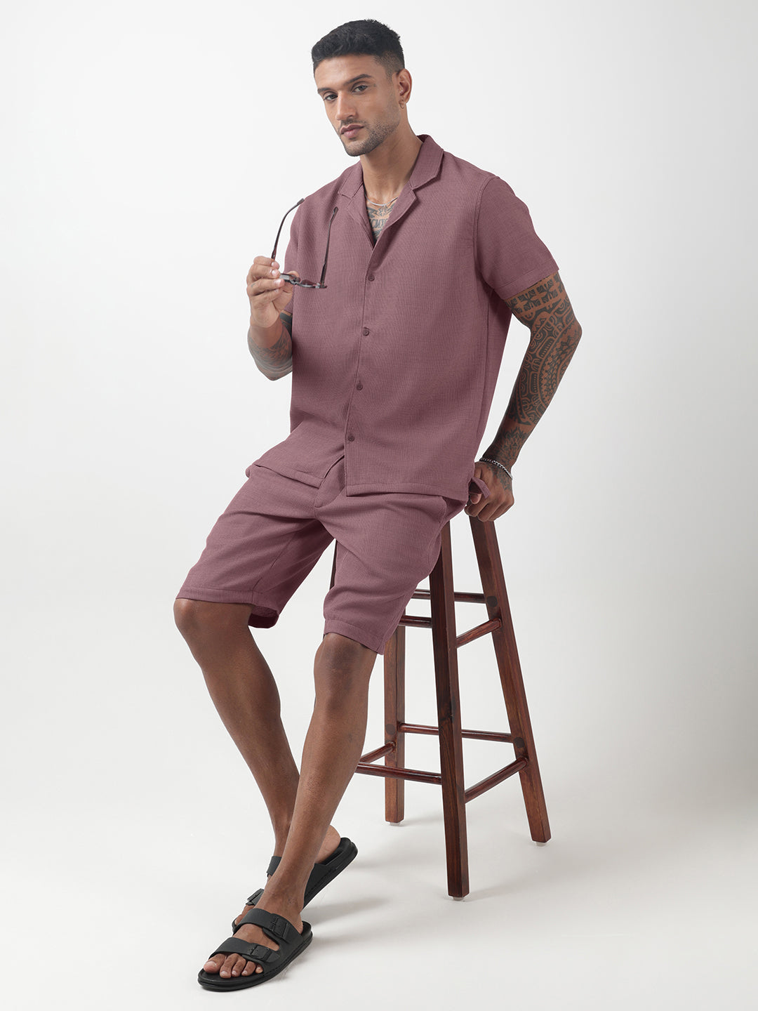 Men's Textured Purple Cuban Collar Shirt & Shorts Co-ord Set