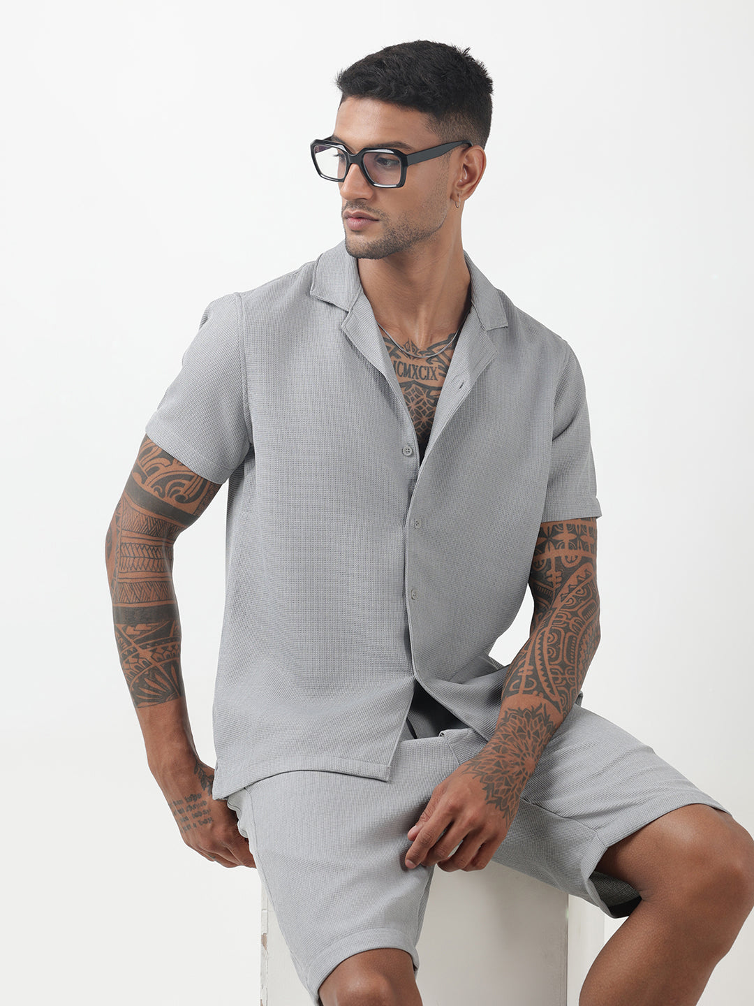 Men's Textured Grey Cuban Collar Shirt & Shorts Co-ord Set