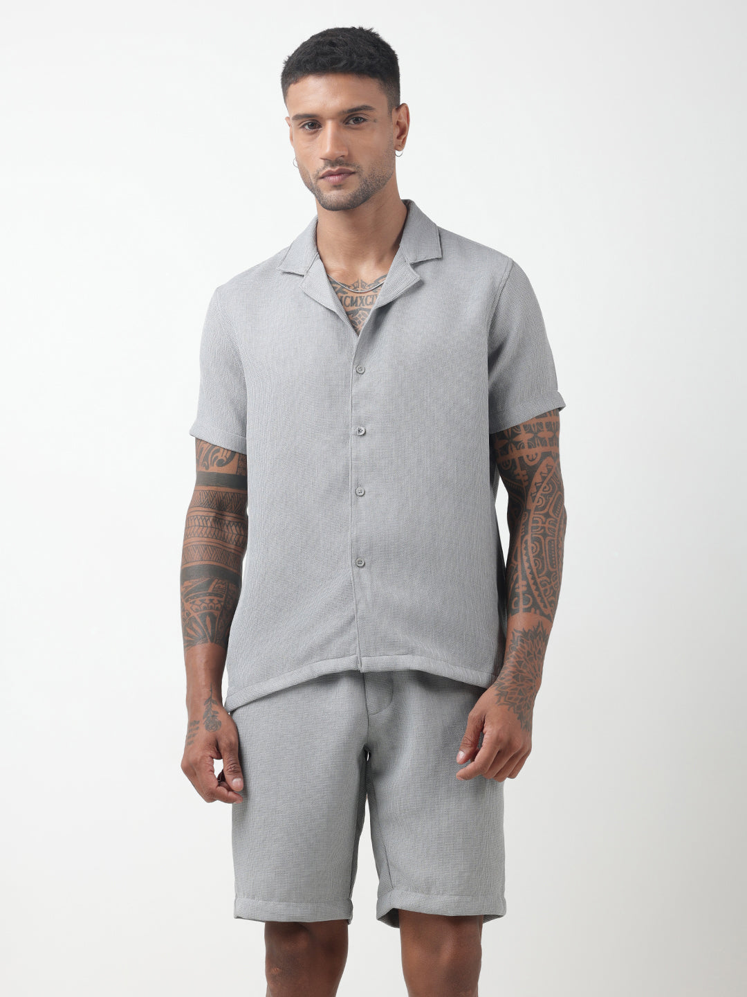Men's Textured Grey Cuban Collar Shirt & Shorts Co-ord Set