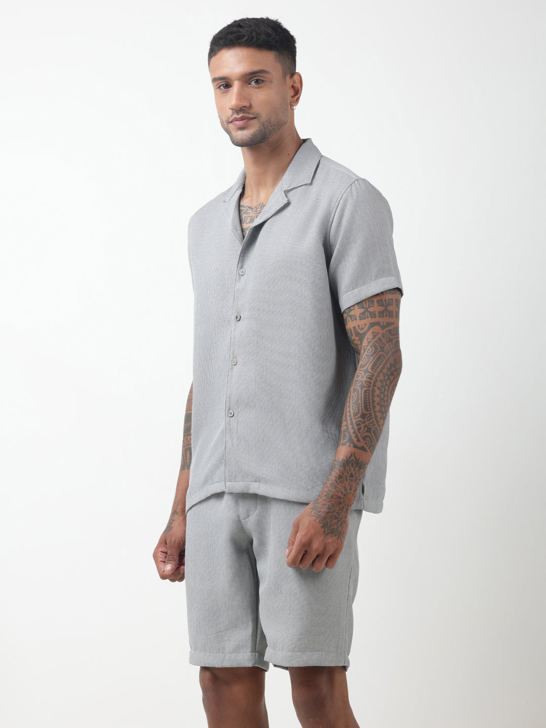 Men's Textured Grey Cuban Collar Shirt & Shorts Co-ord Set