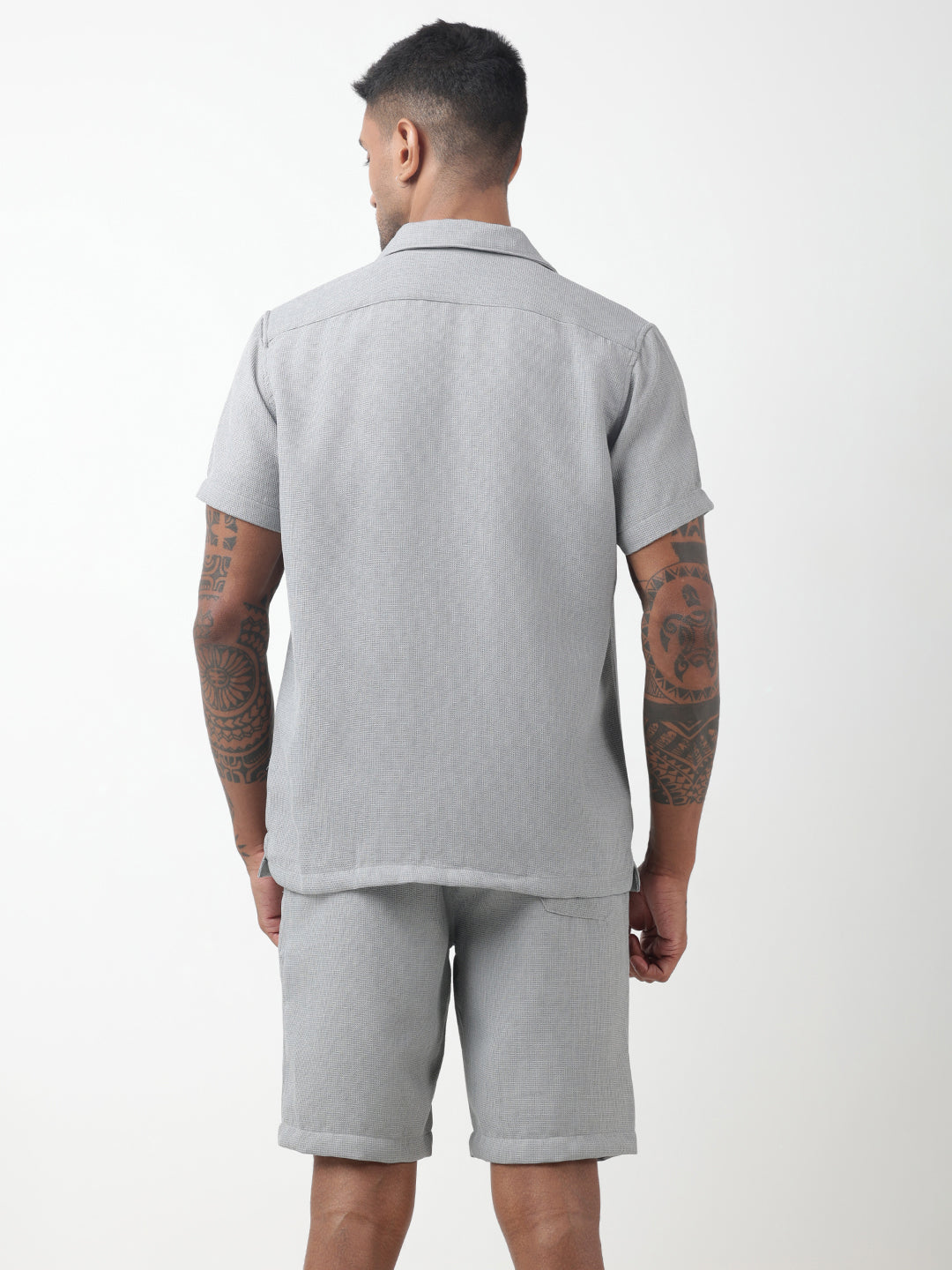 Men's Textured Grey Cuban Collar Shirt & Shorts Co-ord Set