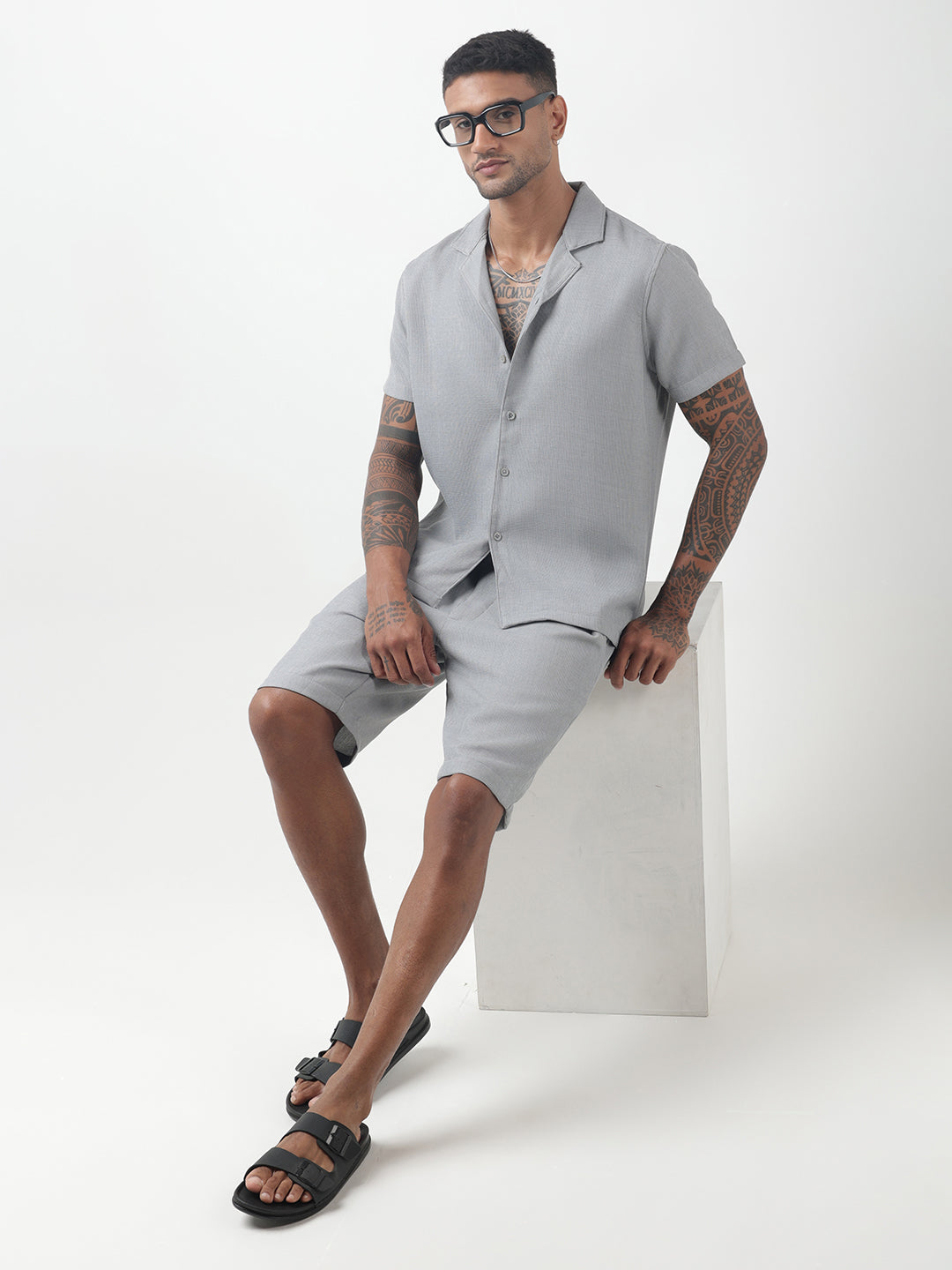 Men's Textured Grey Cuban Collar Shirt & Shorts Co-ord Set