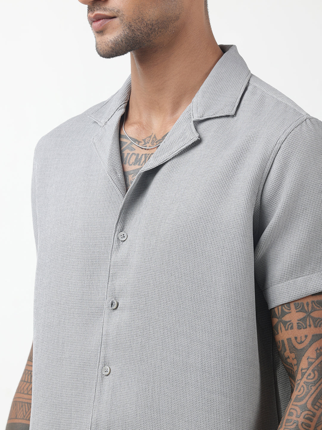 Men's Textured Grey Cuban Collar Shirt & Shorts Co-ord Set