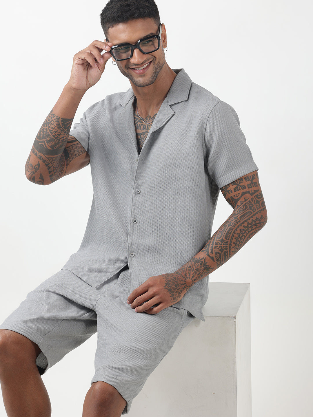 Men's Textured Grey Cuban Collar Shirt & Shorts Co-ord Set