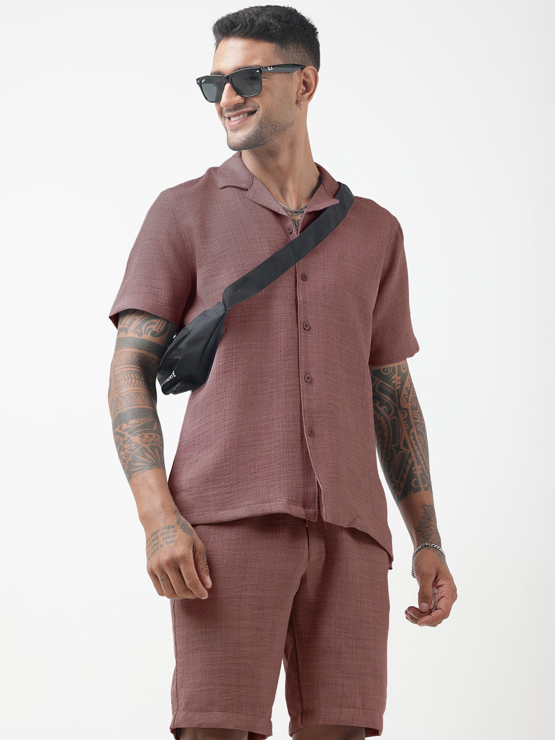 Men's Textured Purple Cuban Collar Shirt & Shorts Co-ord Set