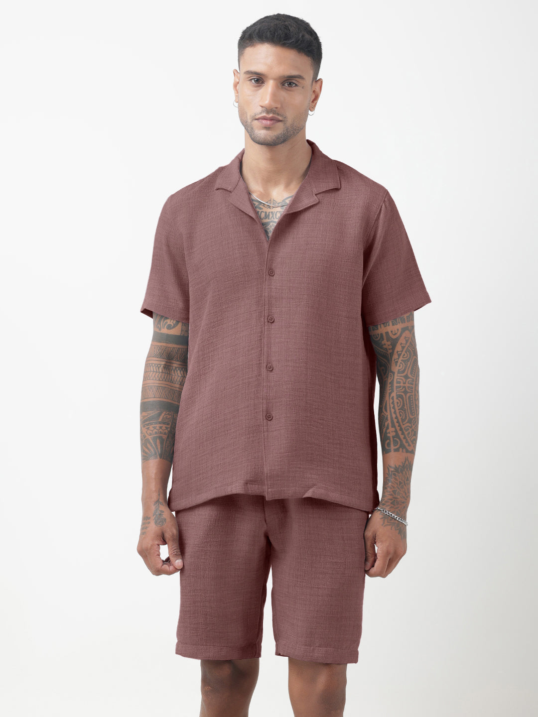 Men's Textured Purple Cuban Collar Shirt & Shorts Co-ord Set