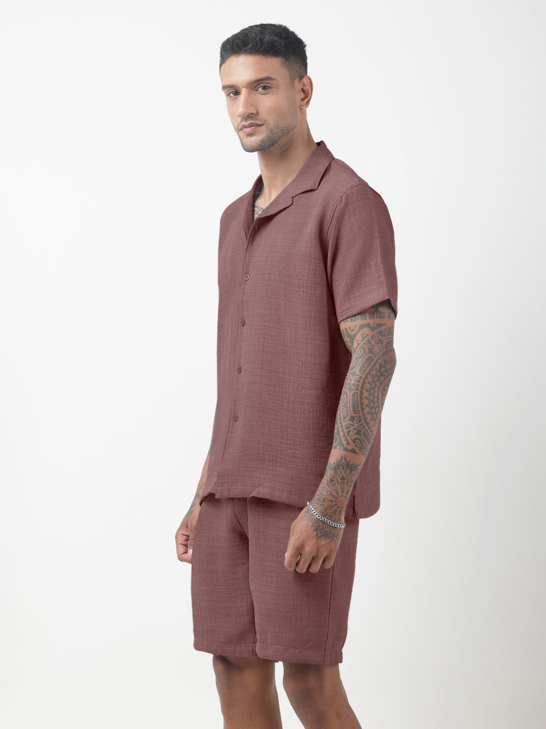 Men's Textured Purple Cuban Collar Shirt & Shorts Co-ord Set
