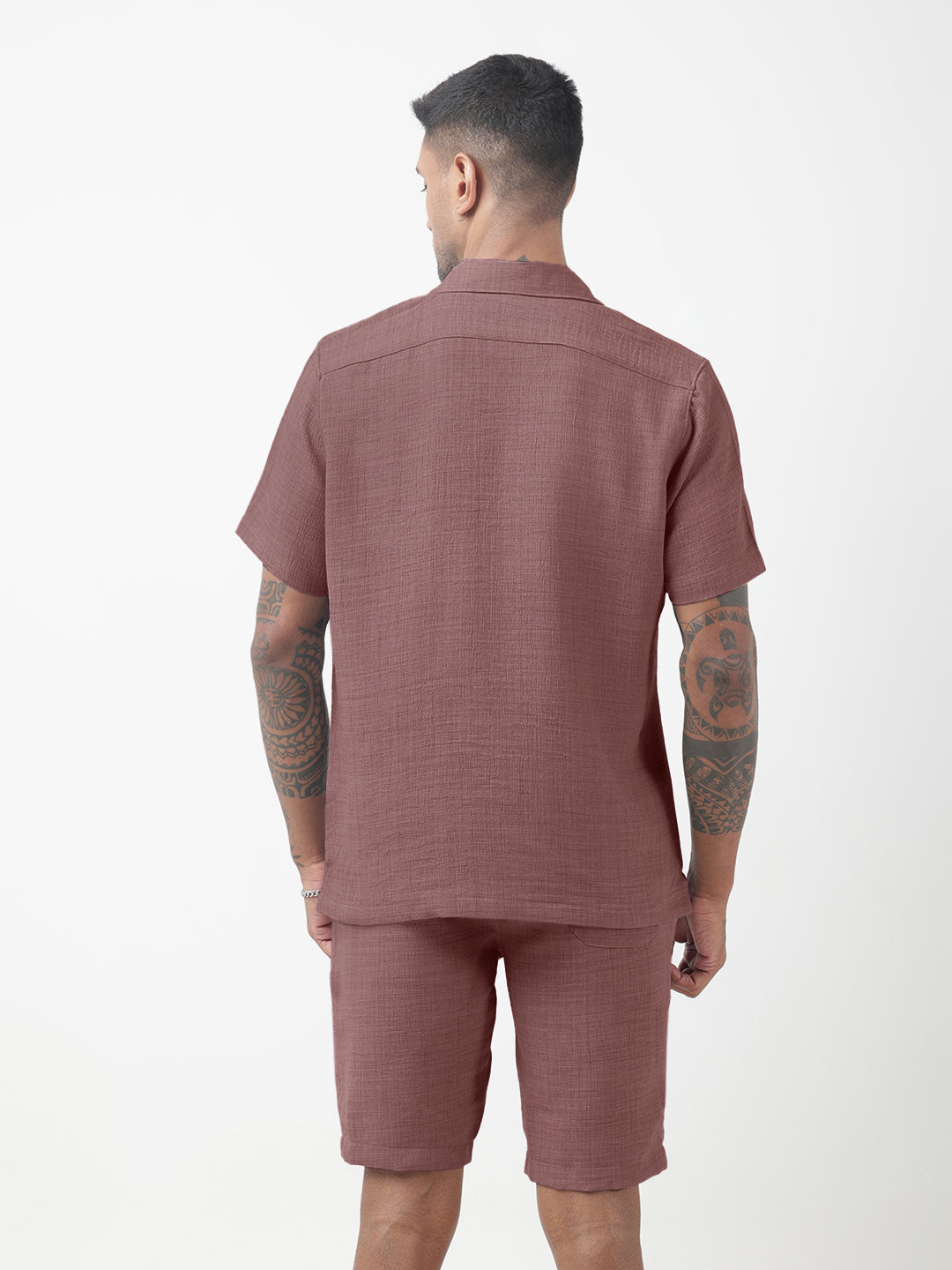 Men's Textured Purple Cuban Collar Shirt & Shorts Co-ord Set