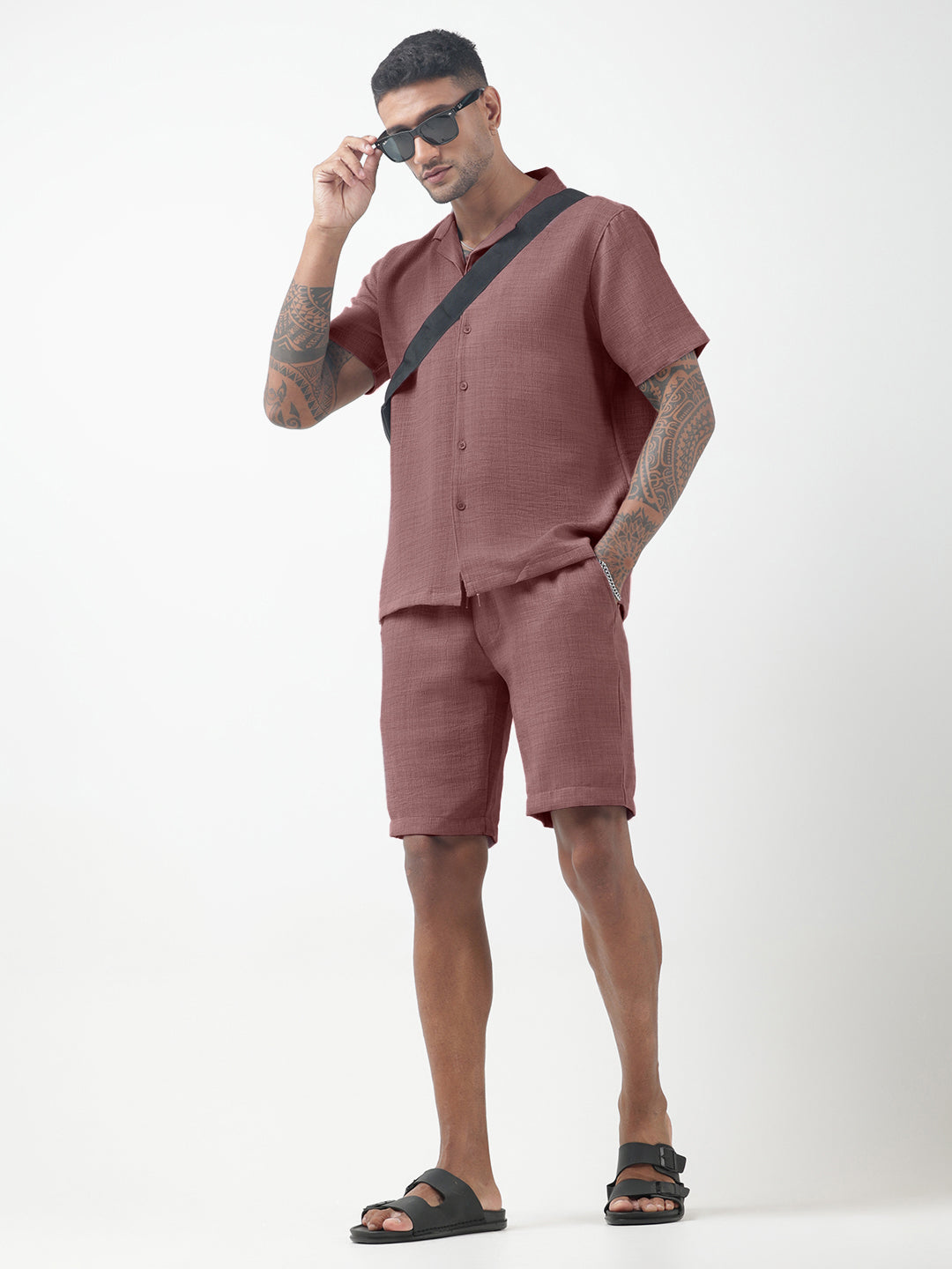 Men's Textured Purple Cuban Collar Shirt & Shorts Co-ord Set