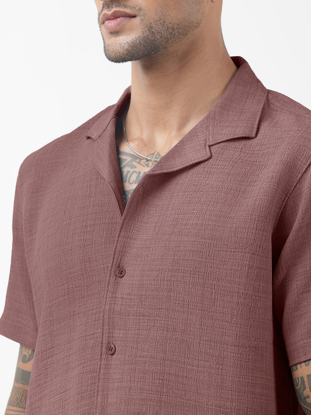 Men's Textured Purple Cuban Collar Shirt & Shorts Co-ord Set