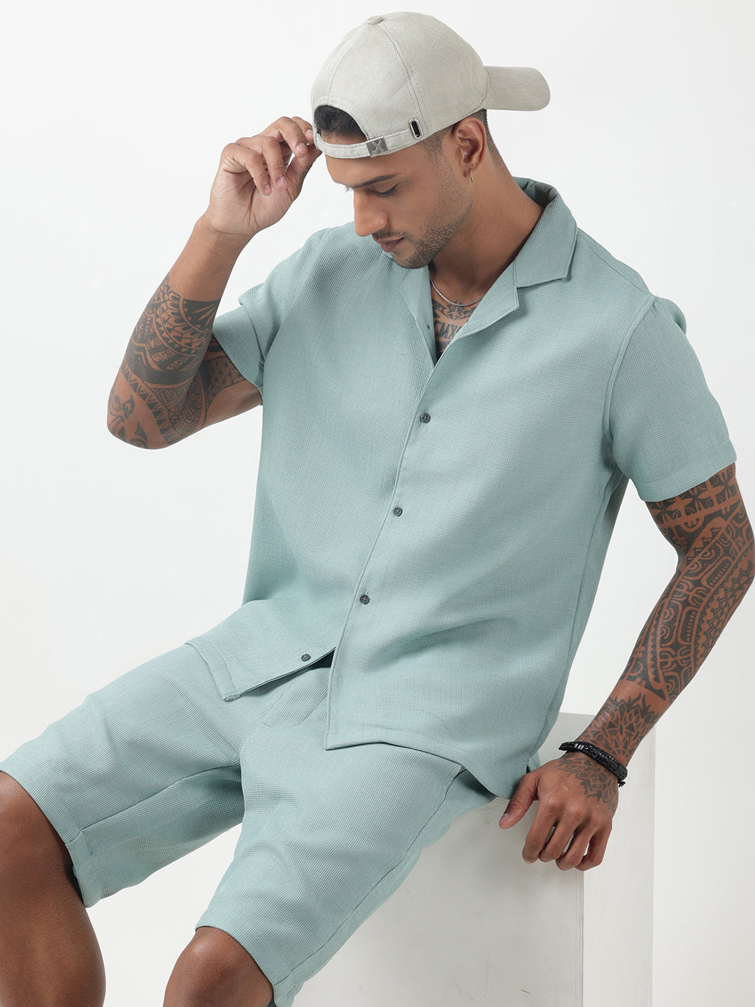 Men's Textured Sea Green Cuban Collar Shirt & Shorts Co-ord Set