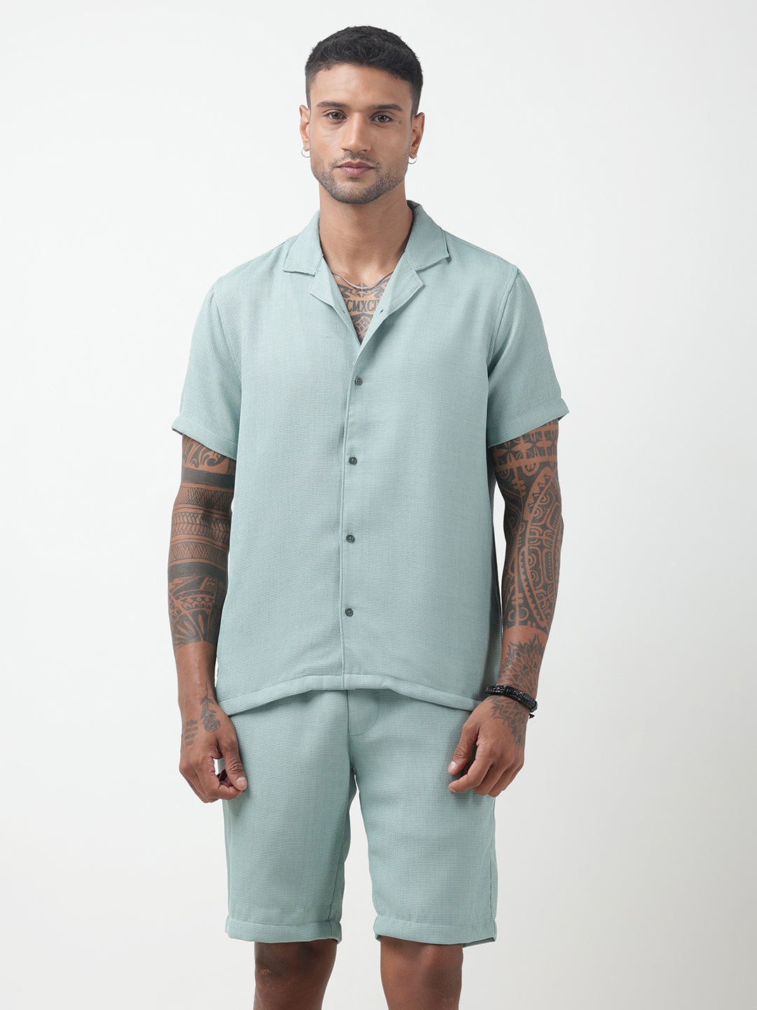 Men's Textured Sea Green Cuban Collar Shirt & Shorts Co-ord Set
