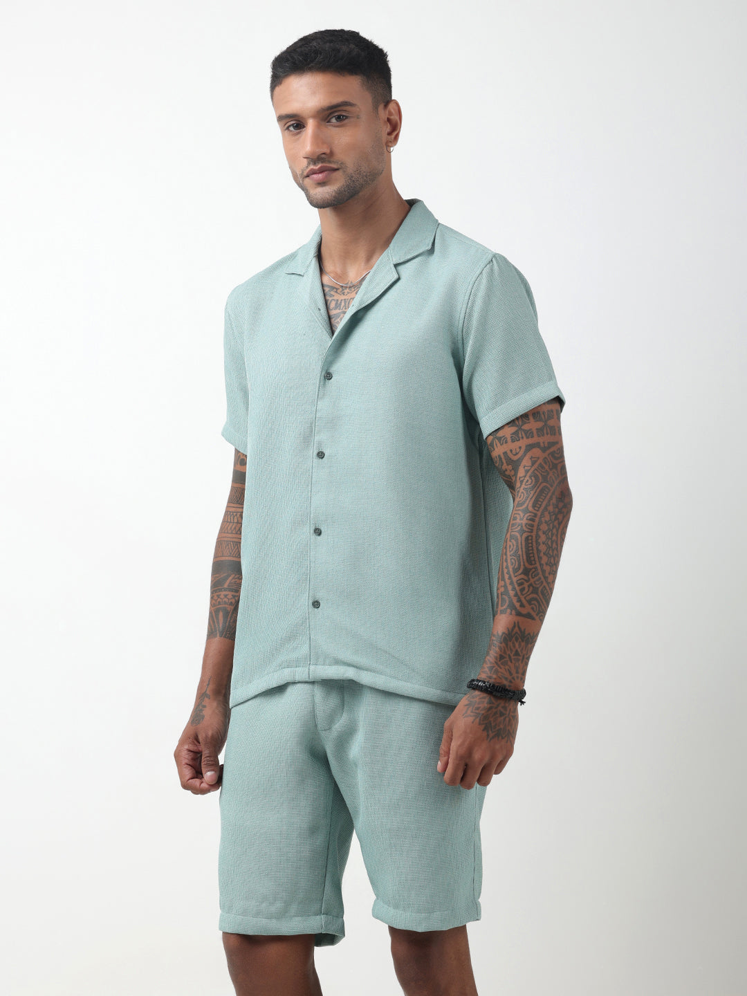 Men's Textured Sea Green Cuban Collar Shirt & Shorts Co-ord Set