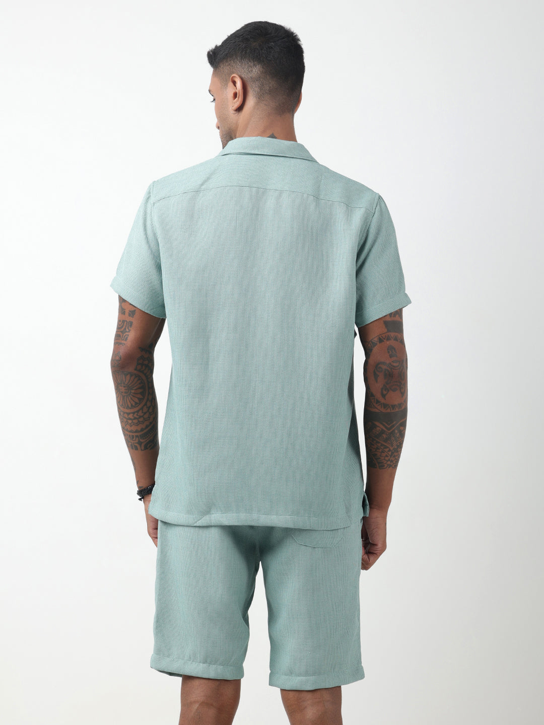 Men's Textured Sea Green Cuban Collar Shirt & Shorts Co-ord Set