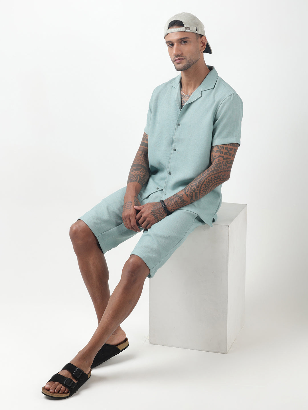 Men's Textured Sea Green Cuban Collar Shirt & Shorts Co-ord Set