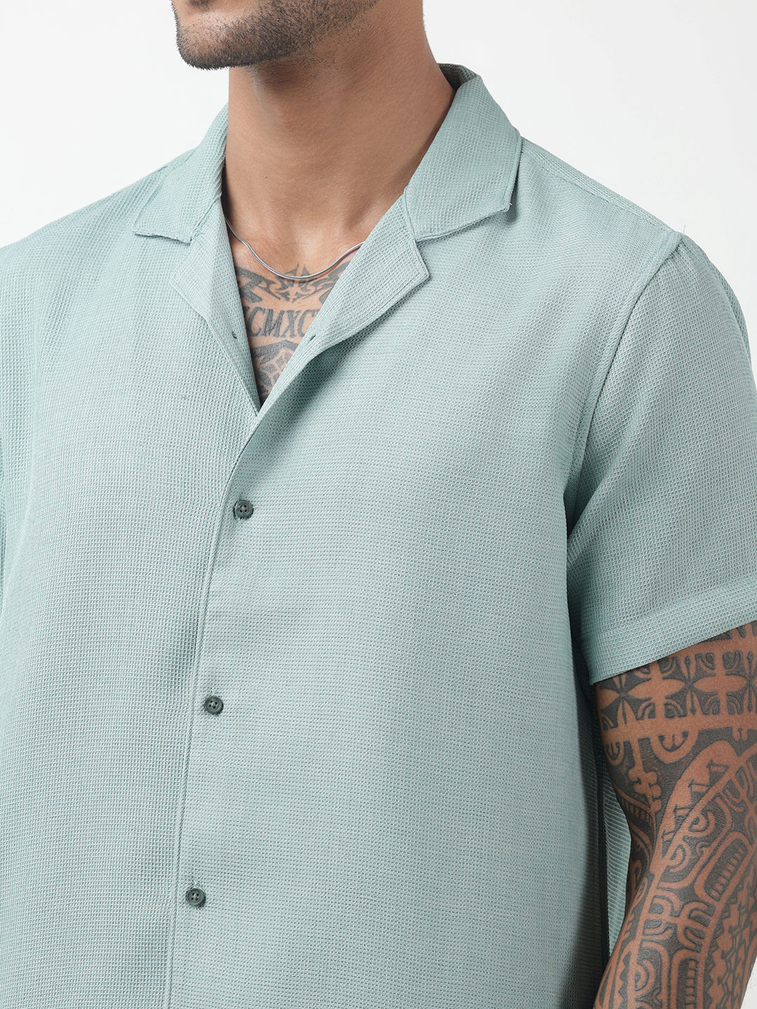 Men's Textured Sea Green Cuban Collar Shirt & Shorts Co-ord Set