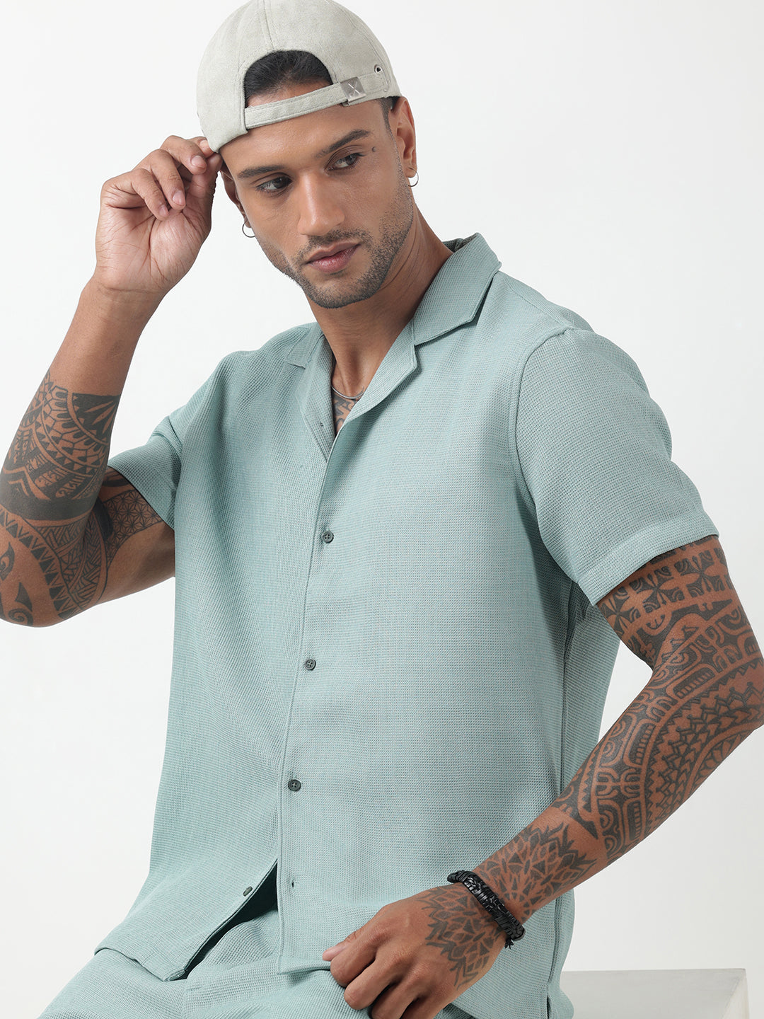 Men's Textured Sea Green Cuban Collar Shirt & Shorts Co-ord Set