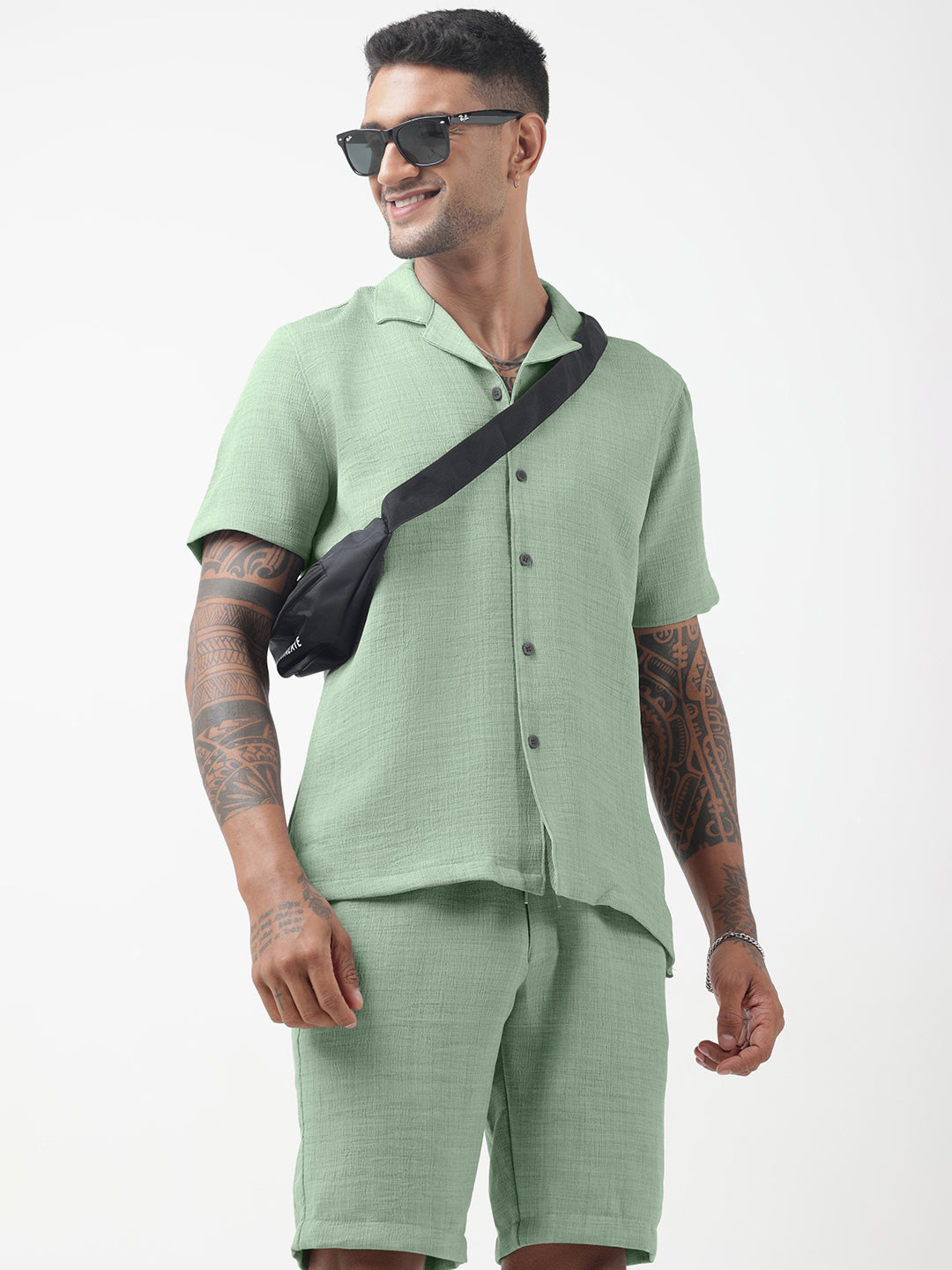 Men's Textured Green Cuban Collar Shirt & Shorts Co-ord Set
