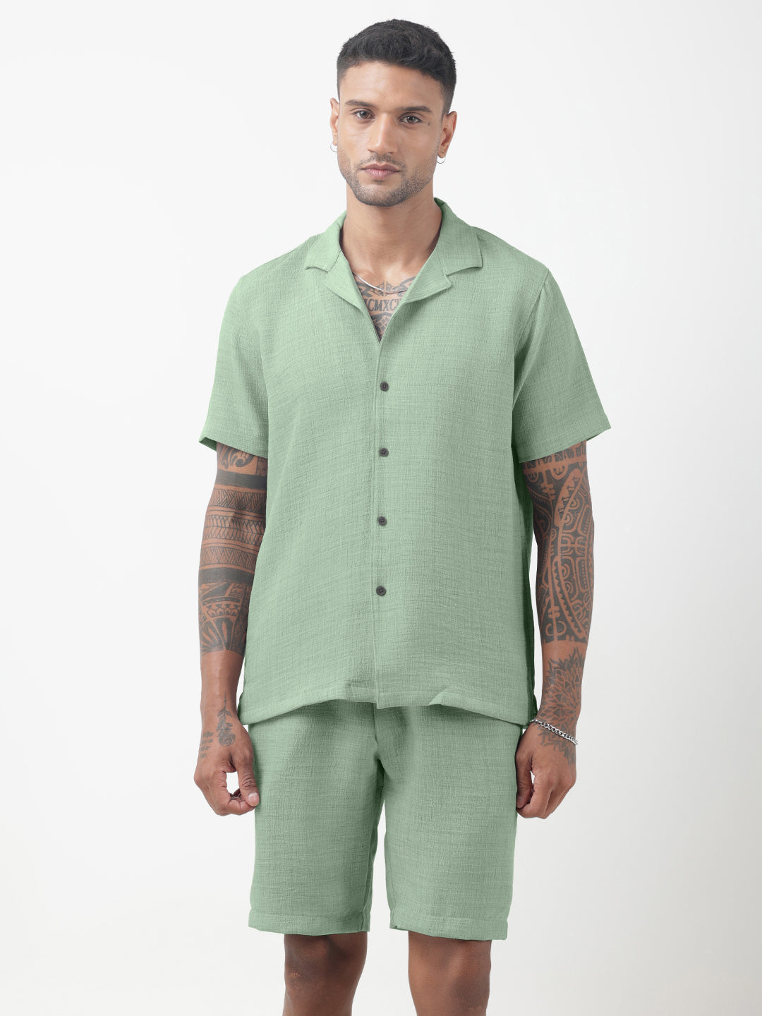 Men's Textured Green Cuban Collar Shirt & Shorts Co-ord Set