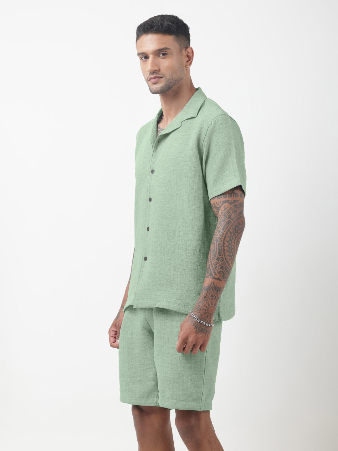 Men's Textured Green Cuban Collar Shirt & Shorts Co-ord Set