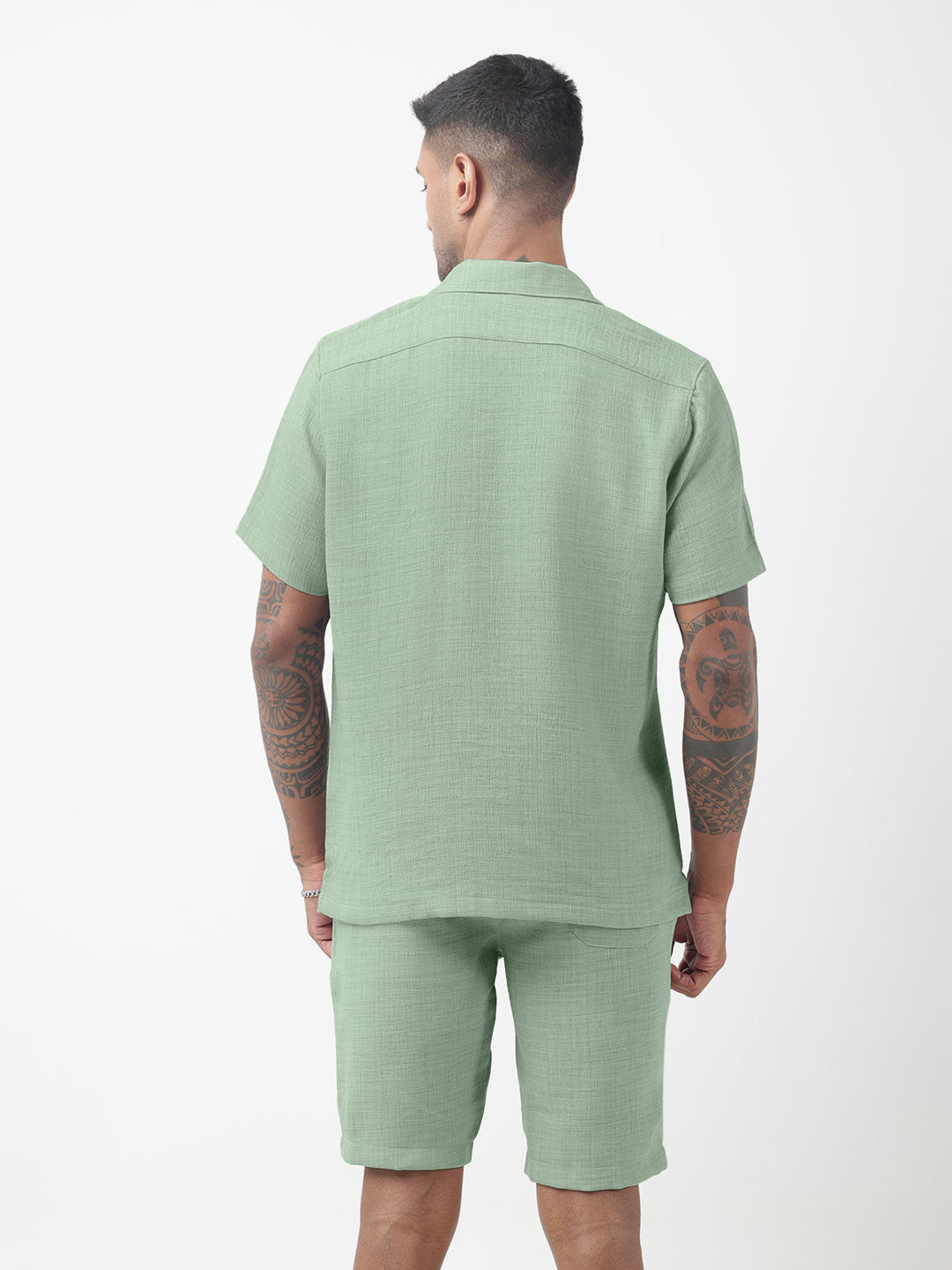 Men's Textured Green Cuban Collar Shirt & Shorts Co-ord Set