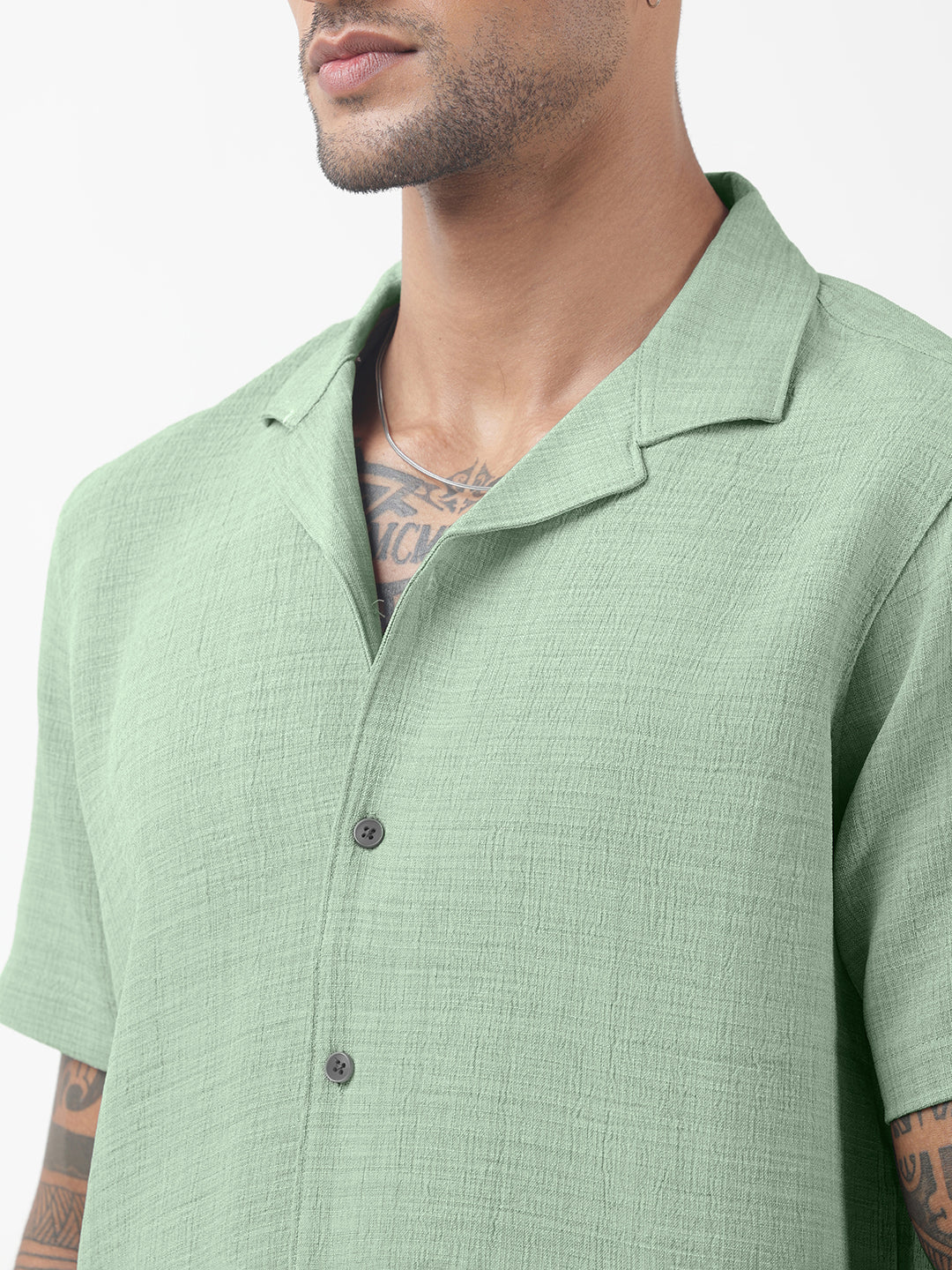 Men's Textured Green Cuban Collar Shirt & Shorts Co-ord Set